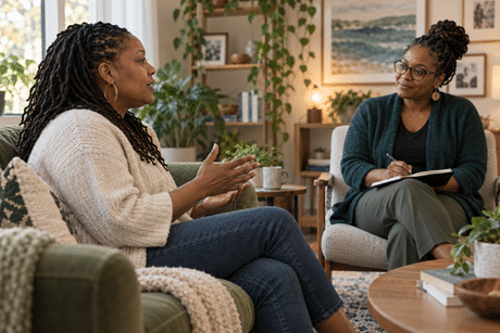 Woman speaking with a practitioner in a welcoming room